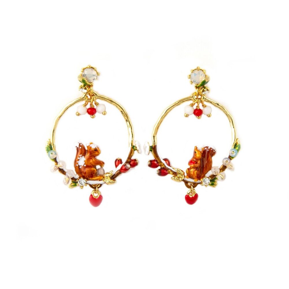 Les Nereides Forest Secret Squirrel Couple On Branch Stud Hoop Earrings